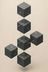 Abstract black cubes connected by thin lines representing blockchain data structure and modern digital network concept
