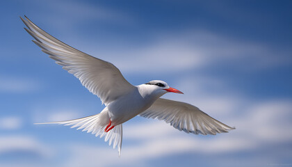 Fototapeta premium Arctic tern bird flies with wings spread wide against a clear blue sky. This graceful seabird shows its red beak and feet during its