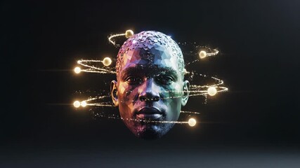 A colorful polygonal face with glowing lines and orbs on a dark background 4k video
