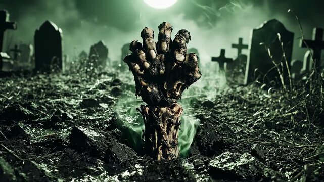 A zombie hand emerging from a spooky graveyard at night with fog 4k video