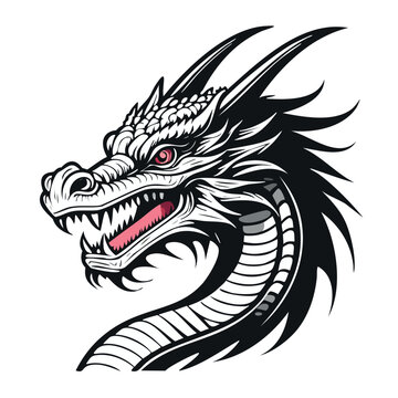 A simple black and white vector drawing of a dragon head 