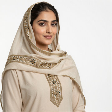 Pakistani woman in cream shalwar kameez with ornate embroidered dupatta, smiling gently