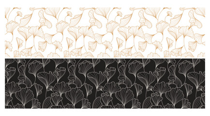 Seamless Ginkgo Biloba Floral Line Art Pattern in Black and Orange