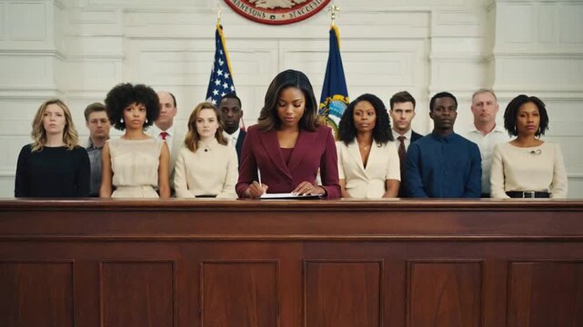 Jury trial in a courtroom.