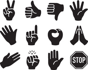Fototapeta premium Set of black hand gesture silhouettes showing different poses like thumbs up, peace, pointing, and fist, isolated on a white background. Perfect for icons, UI, and design projects.