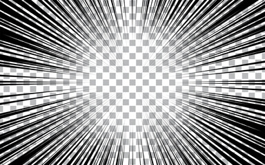 Anime manga action frame lines. Abstract explosion template with speed lines on a transparent background. Radial lines of movement.