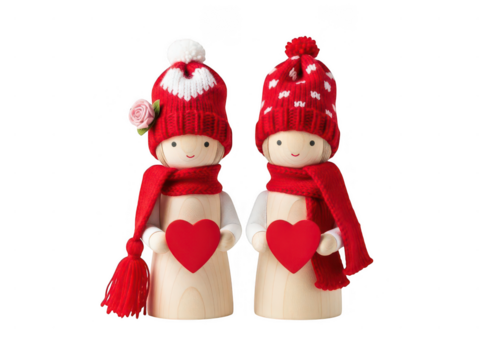 Valentine's day wooden figurines holding hearts isolated on transparent background - Powered by Adobe