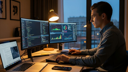 Man working on multiple computer screens with financial data and graphs in a modern office setting at dusk with city view with technology and finance and analysis and professional with chart