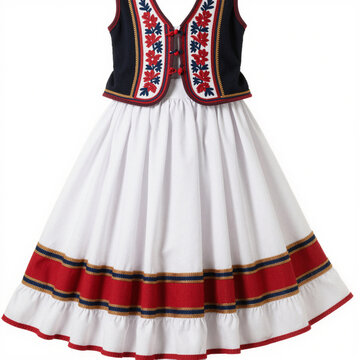 Traditional Greek fustanella-inspired ensemble featuring a navy embroidered vest and a white pleated skirt with red-gold trim
