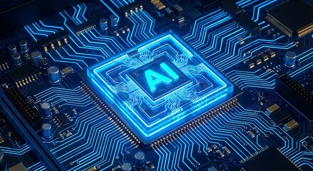Close-up of glowing blue AI chip on a modern circuit board