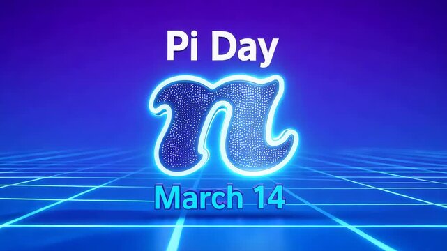 Pi Day celebration with glowing blue pi symbol on purple background with grid lines