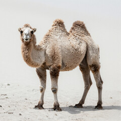 Bactrian camel with two humps and shaggy sandy fur standing in a pale desert