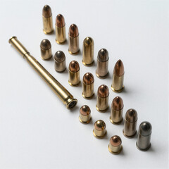 Collection of various small-caliber rounds including rimfire and centerfire, neatly aligned on a white background