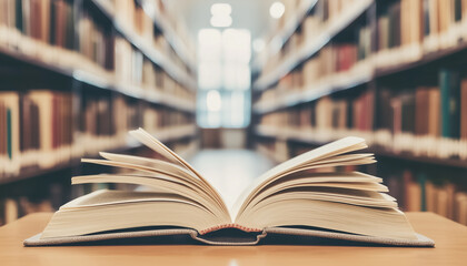 Obraz premium Open book rests on bright wooden table. Sunlight illuminates pages, creating warm glow. Blurred background of bookshelves suggests quiet