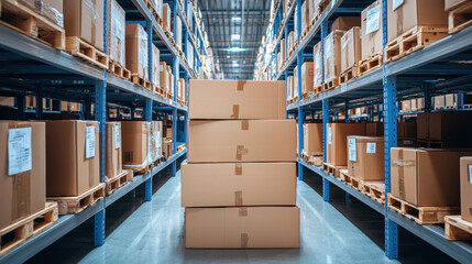 Modern warehouse interior with stacked cardboard boxes on pallets, organized shelving, and spacious aisle, conveying efficiency and order