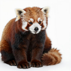 Obraz premium Close-up of a red panda sitting calmly on a white backdrop with fluffy reddish-brown fur and white facial markings