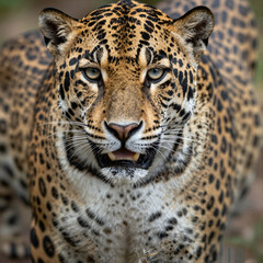 Obraz premium Close-up portrait of a jaguar with tawny fur and black rosette spots, intense eyes, and a slightly open mouth showing fangs