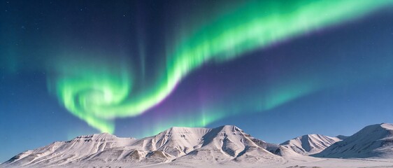 Aurora borealis dancing across night sky above snowy mountains, vibrant green and purple lights, crystal clear stars, breathtaking landscape