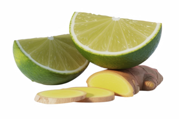 Freshly cut lime wedges and ginger root slices on transparent background