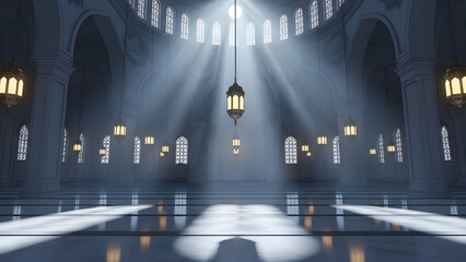 Elegant interior of an Islamic architectural structure, illuminated by radiant sunlight