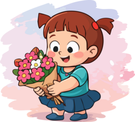 A cute cartoon illustration shows a smiling little girl holding a colorful bouquet of flowers against a soft pastel background.