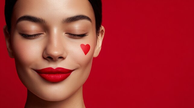 A beautiful woman with red lipstick and a heart on her cheek smiling peacefully