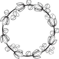 A hand-drawn floral wreath featuring various flowers and leaves. The design is simple and elegant, suitable for invitations or decorative purposes.
