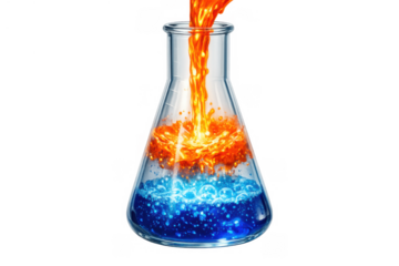 Erlenmeyer flask showing a vivid chemical reaction with hot orange liquid mixing into cool blue liquid, creating dynamic bubbles