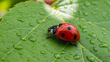 Fototapeta premium A red ladybug with black spots on a green leaf covered in water droplets after rain in a natural setting with nature and insect and wildlife