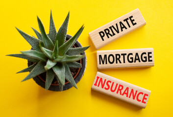 Private Mortgage Insurance symbol. Wooden blocks with words Private Mortgage Insurance. Beautiful yellow background with succulent plant. Business concept. Copy space.
