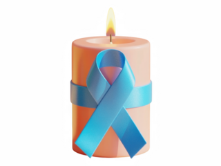 Burning remembrance candle with blue awareness ribbon glowing softly on transparent background