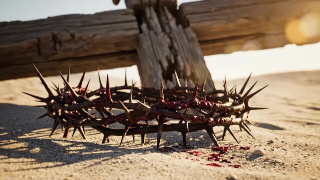Crown of thorns with blood sits on sand next to wooden cross. Symbol of jesus christ crucifixion and passion for catholicism.