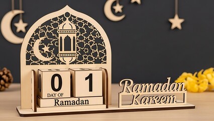 Wooden Ramadan Kareem calendar with moon star and lantern design on table