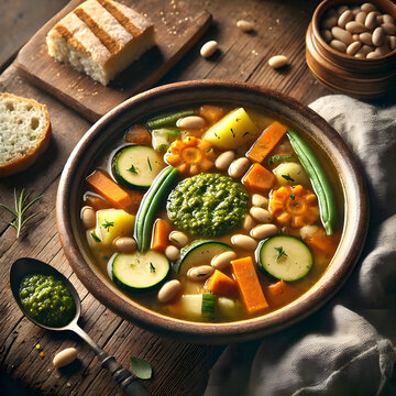 Traditional Genovese Minestrone Soup with Pesto and Fresh Vegetables