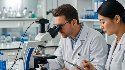 Scientists in lab coats examining samples through microscope in laboratory setting with equipment and storage for research and development purposes with science and medical with technology