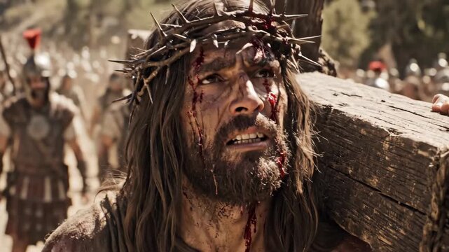 Man, god Jesus Christ carrying a wooden cross on his shoulder with blood and crown of thorns on his head. Passion of Christ film.
