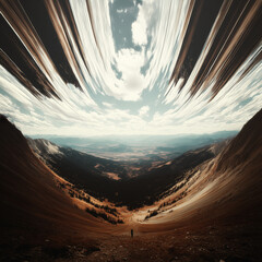 Warped reality landscape: mountains, valley and sky on distorted surfaces