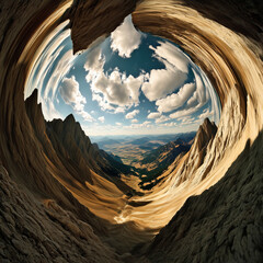 Warped reality landscape distortion: mountains, valley and sky