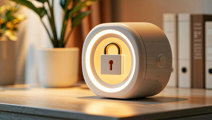 Modern Smart Home Security Device with Lock Icon on Table
