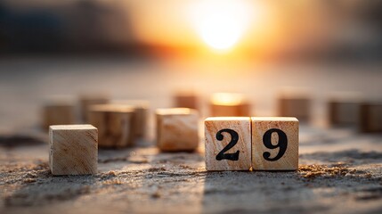 A serene beach scene at sunset with wooden blocks displaying the number 29