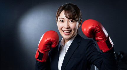 ビジネススーツを着てファイティングポーズをとる女性ビジネスマン