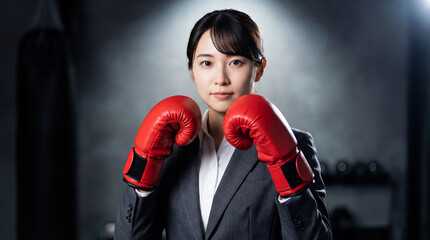 ビジネススーツを着てファイティングポーズをとる女性ビジネスマン