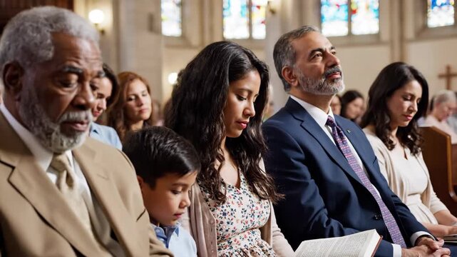 Congregation in church praying with diverse people and a family with a boy, reflecting on faith and devotion.