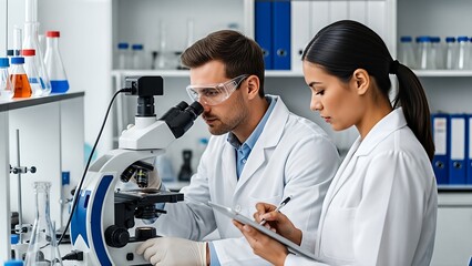 Scientists in lab coats working together on research using a microscope and taking notes in a laboratory setting with collaboration and science and technology and medical with experiment