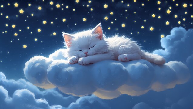 White kitten sleeping peacefully on a fluffy cloud under starry night sky, dreamy digital illustration