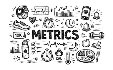Hand-drawn doodles illustrating health and fitness metrics with the word METRICS prominently displayed