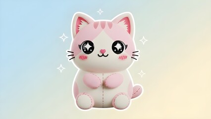 A very cute 3D cat character with white-pink fur and sparkling starry eyes. Its soft, aesthetic design gives a cheerful impression, surrounded by a sweet sparkling light effect.