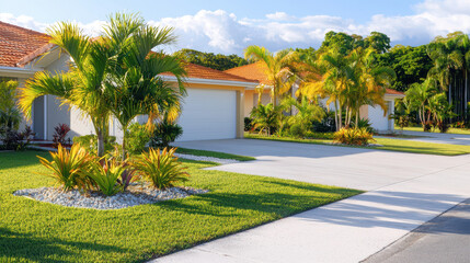 Fototapeta premium Beautiful house with well kept garden featuring palm trees and vibrant plants, showcasing serene suburban landscape