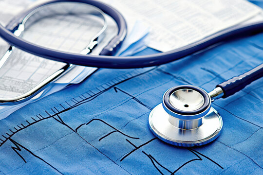 Stethoscope rests on blue medical sheet with ECG printout, symbolizing healthcare and medical examination - Powered by Adobe