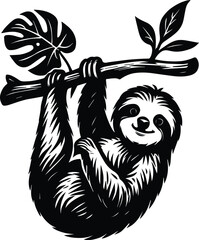 Obraz premium Sloth Hanging on Tree Branch - Sloth on Tree Silhouette - Relaxing Rainforest Animal Design, Sloth in Tree Ranch Scene
